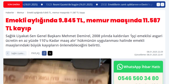 Emekli aylığında 9.845 TL, memur maaşında 11.587 TL kayıp